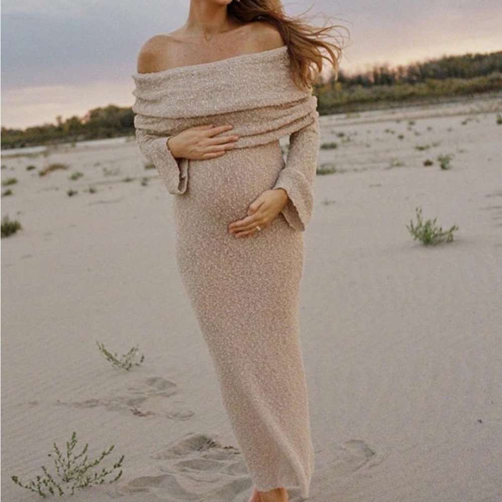 Elegant Off-Shoulder Beige Maternity Midi Dress